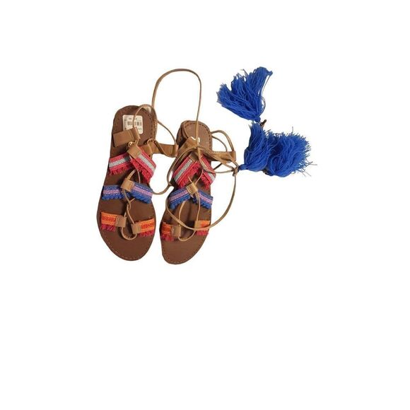 Size 8 Tassel Pom Pom colourful Tie up Lace Up Sandals Gladitor Hippy Boho Cruis - Picture 2 of 5